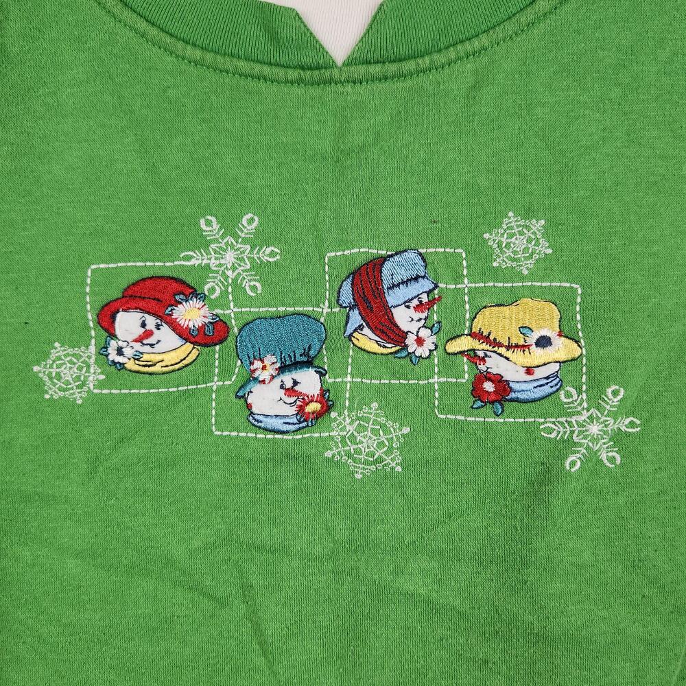 Vintage Snowman Sweatshirt Womens 1X Green Christmas Embroidered Grandma Hat Y2k